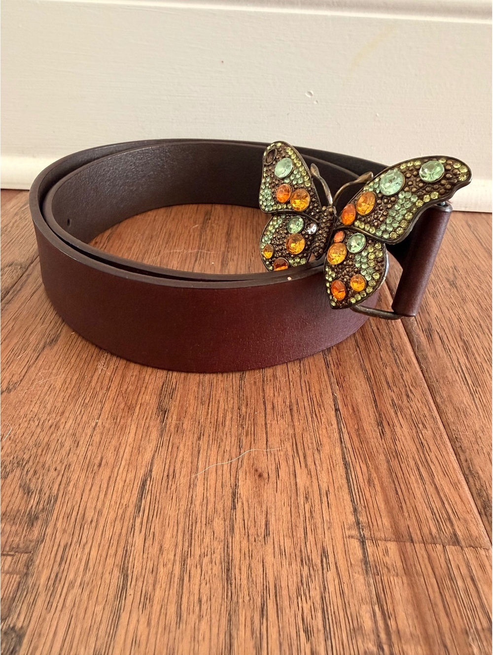 Brown Genuine Leather Women's Belt with Decorative Butterfly Buckle